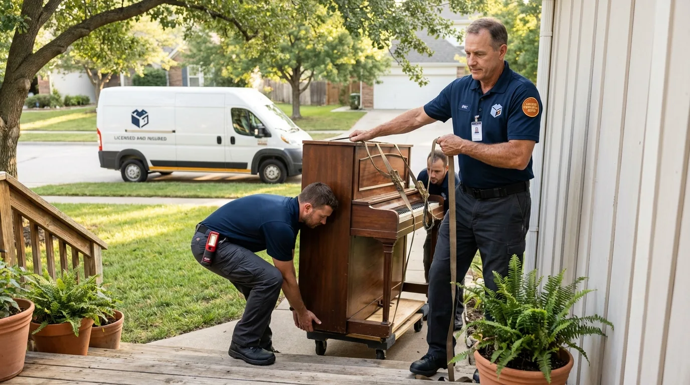 Licensed piano movers securing grand piano in Mooresville, NC