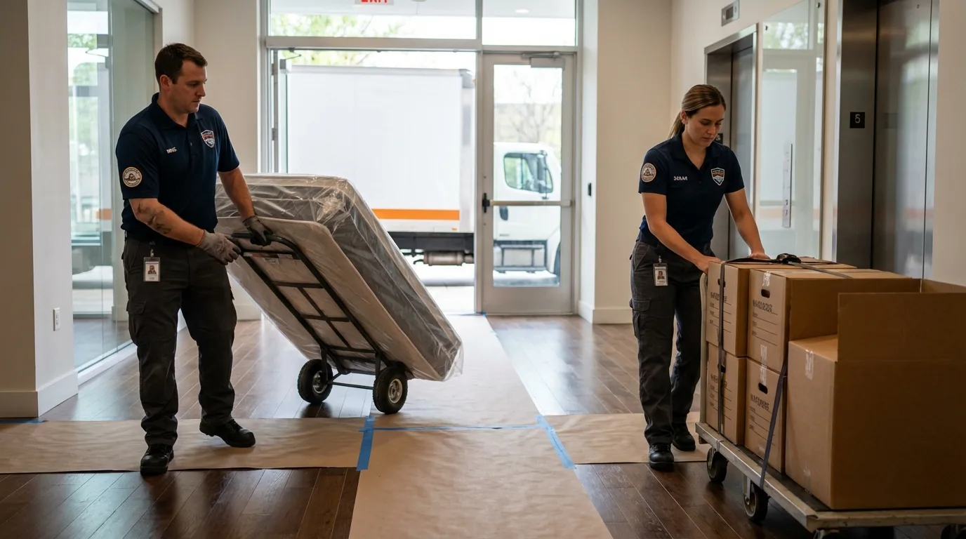 Professional apartment movers loading elevator in Mooresville, NC