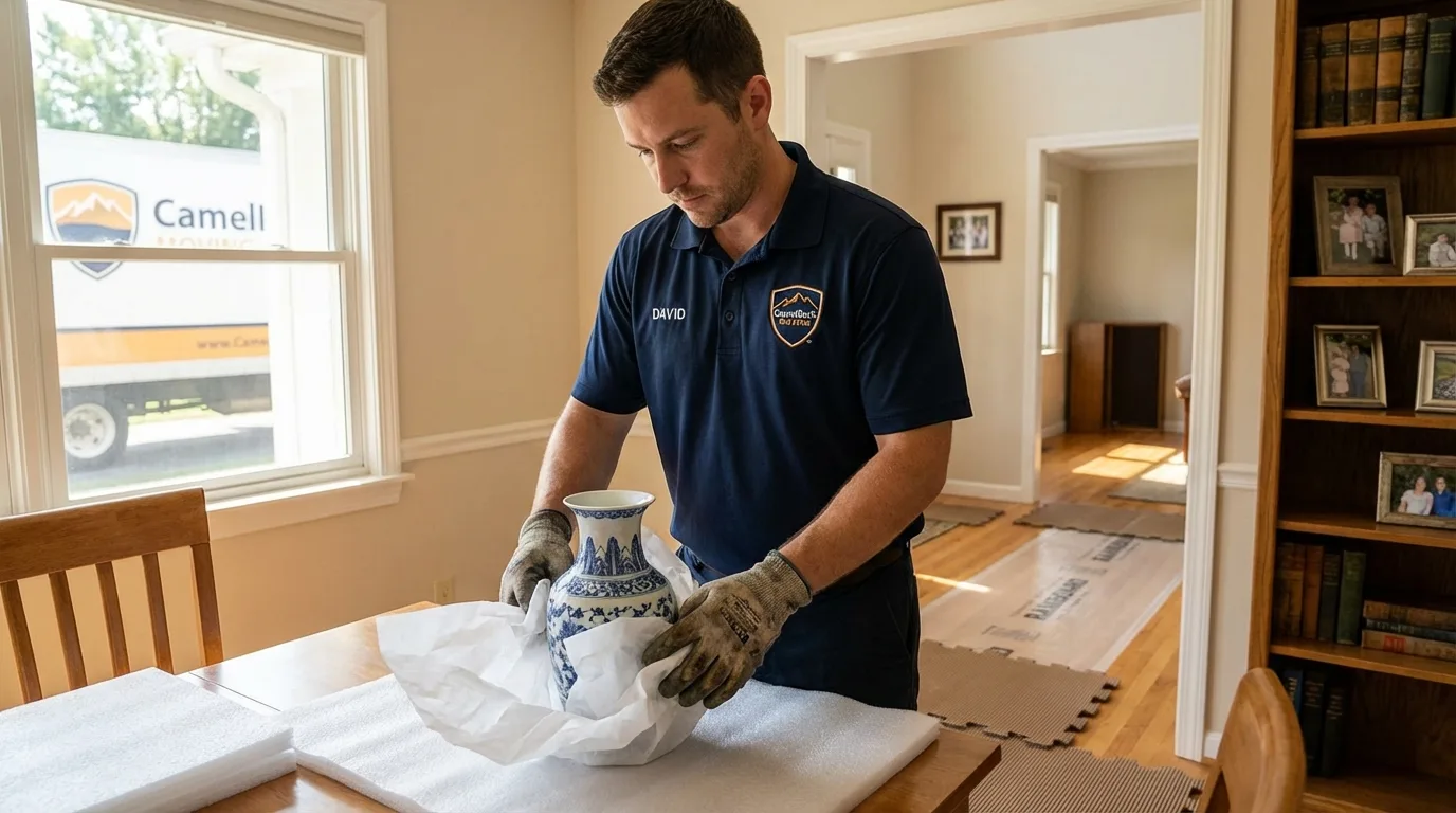 Professional crew carefully wrapping antique vase for senior downsizing move in Mooresville, NC